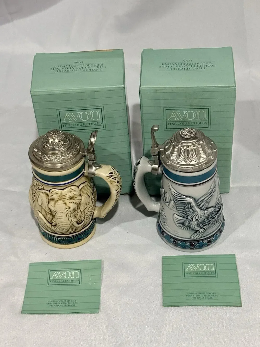 Avon Endangered Species Mini Stein Asian Elephant & Bald Eagle w/ Boxes Cards